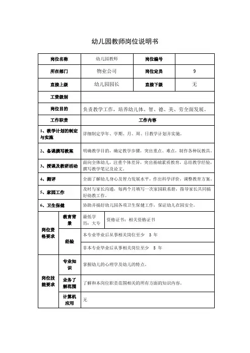 幼儿园教师岗位说明书