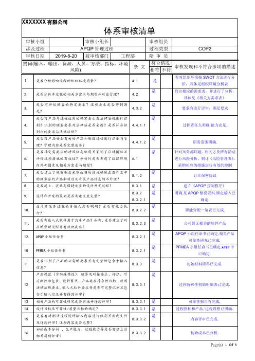 (IATF16949-2016内审检查表带记录)COP2 APQP管理过程