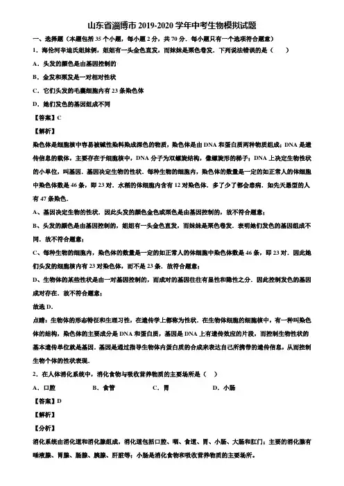 山东省淄博市2019-2020学年中考生物模拟试题含解析