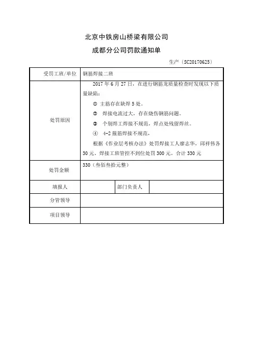 质量罚款通知单