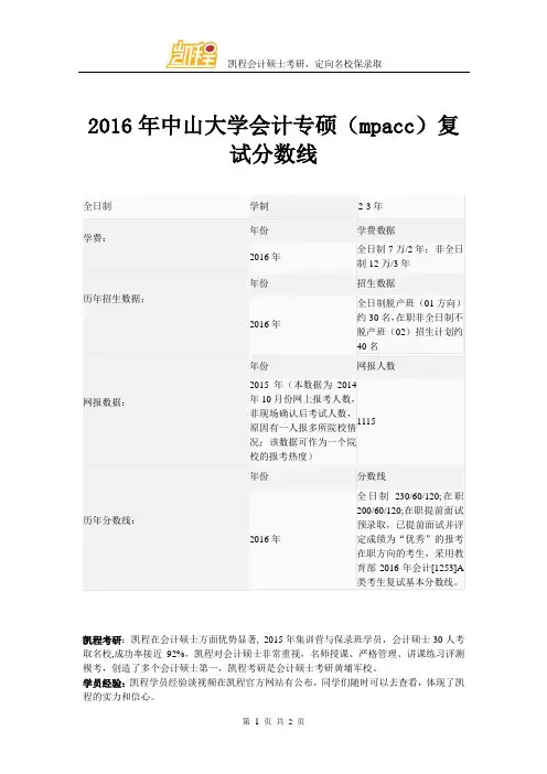 2016年中山大学会计专硕(mpacc)复试分数线