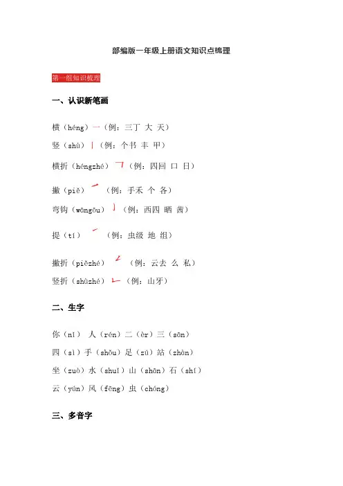 部编版1-6年级各单元知识梳理一年级上册语文知识点梳理