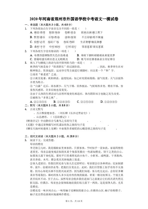 2020年河南省郑州市外国语学校中考语文一模试卷(含答案解析)