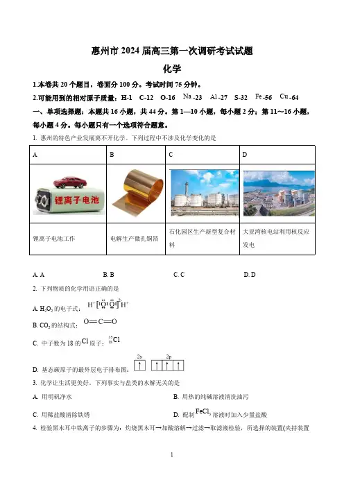 广东省惠州市2024届高三上学期第一次调研考试化学试题及参考答案(部分详解)