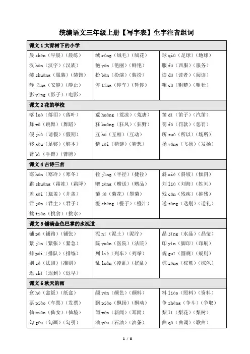 三年级语文上册《生字注音、组词》