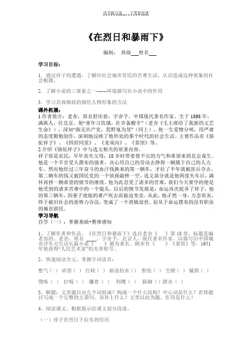 《在烈日和暴雨下》教学案费新苗