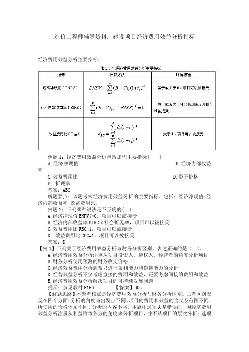 建设项目经济费用效益分析指标