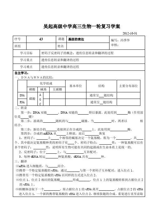 基因的表达和对性状的控制学案