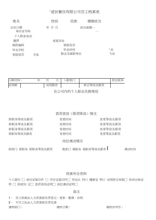 员工档案表范本