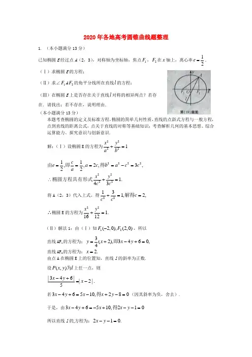 2020年各地高考数学二轮总复习圆锥曲线题整理 精品