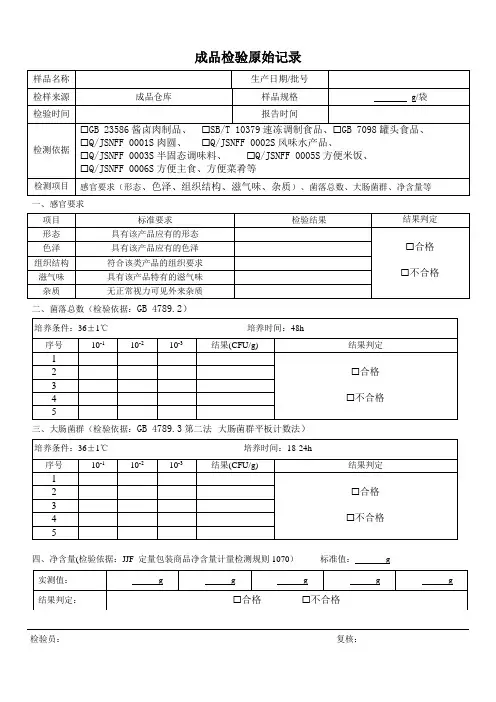 肉制品企业产品检验原始记录