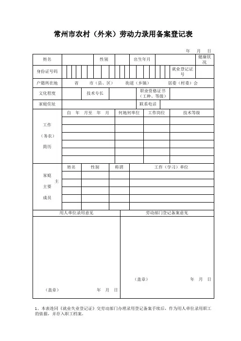 常州市农村(外来)劳动力录用备案登记表、外来劳动力录用备案花名册