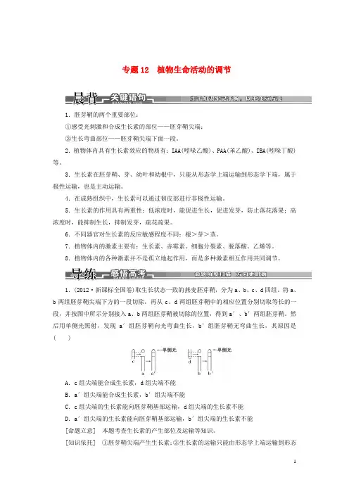 【创新方案】2013版高考生物二轮复习  第一部分 专题12 植物生命活动的调节 新人教版