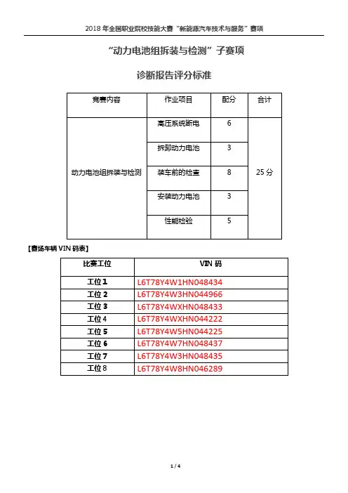 2018 年全国职业院校技能大赛“新能源汽车技术与服务”赛项 评分标准-动力电池组拆装与检测-诊断报告