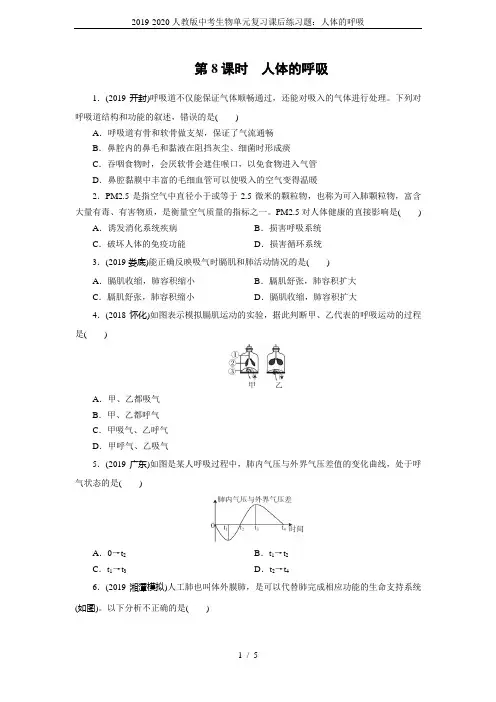 2019-2020人教版中考生物单元复习课后练习题：人体的呼吸