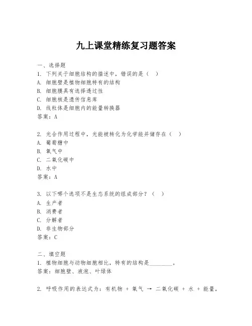 九上课堂精练复习题答案