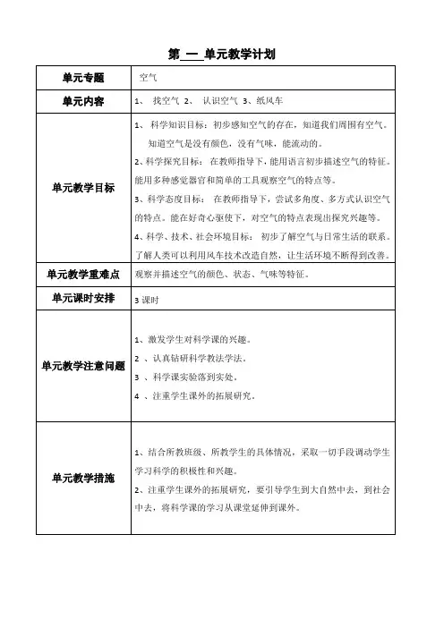 青岛版一年级科学下册单元教学计划