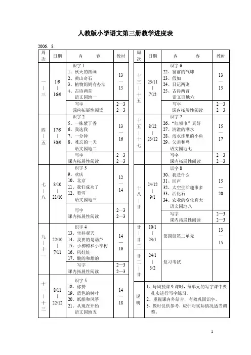 人教版语文二年级上册教学进度表