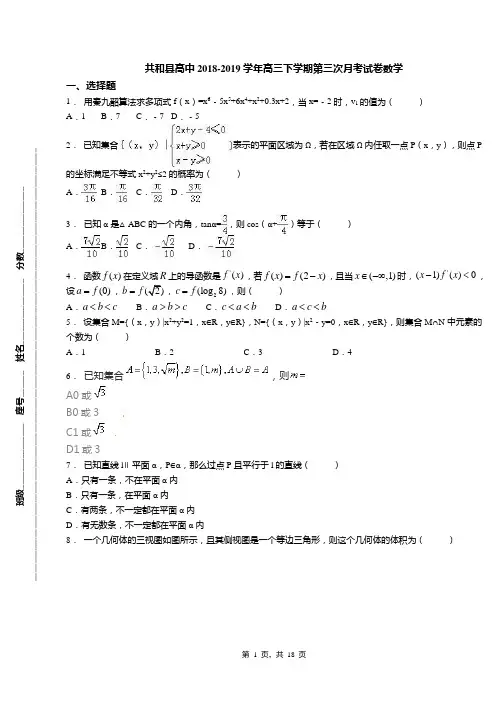 共和县高中2018-2019学年高三下学期第三次月考试卷数学