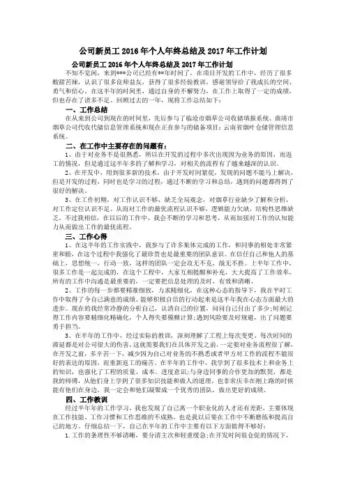 公司新员工2016年个人年终总结及2017年工作计划