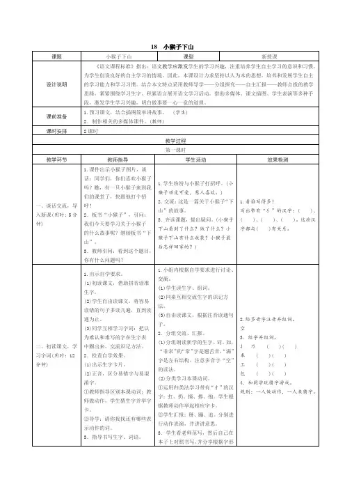 小学一年级部编版语文下册名师教案设计18小猴子下山 学案(表格式)