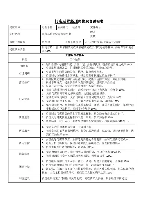 3、门店运营经理岗位职责说明书