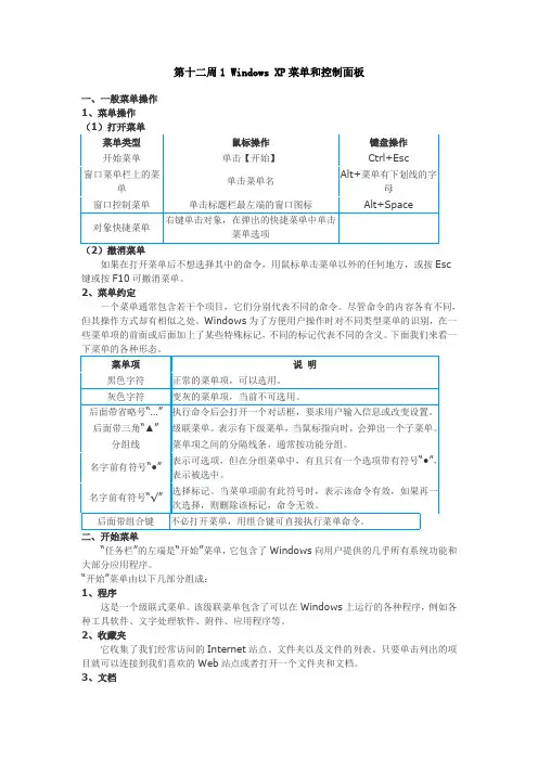 Windows XP菜单和控制面板