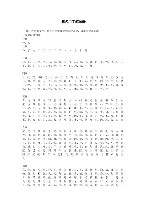 起名用字笔画表