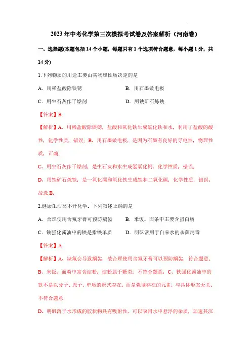 2023年中考化学第三次模拟考试卷及答案解析(河南卷)