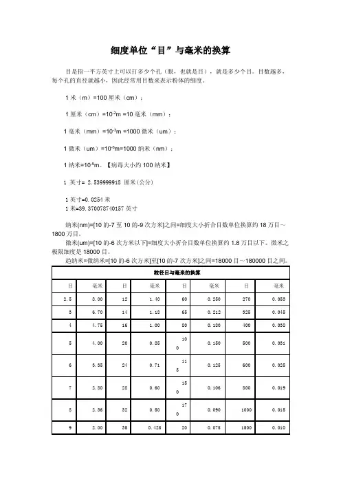 细度单位中”目”和”毫米”的换算