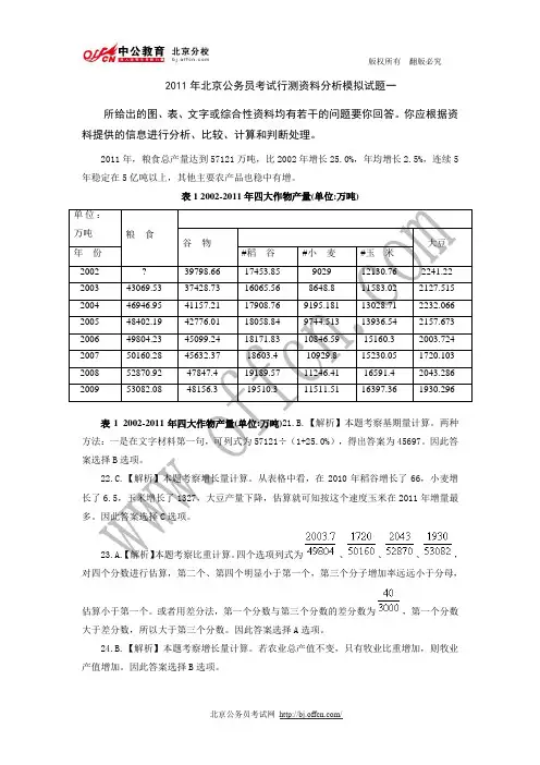 2011年北京公务员考试行测资料分析模拟试题一