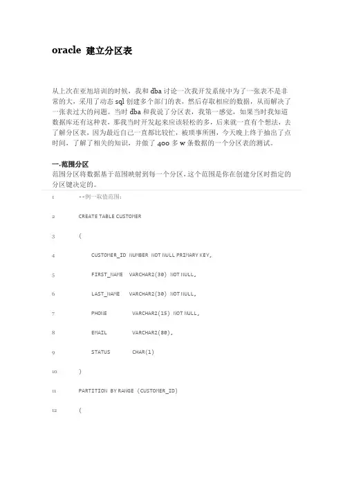 oracle 建立分区表