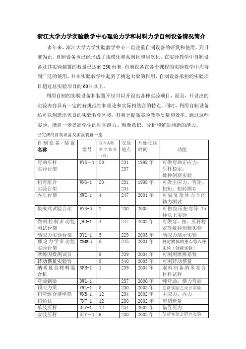 浙江大学力学实验教学中心理论力学和材料力学自制设备情况