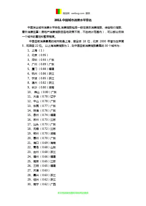 2011中国大陆城市消费水平排行榜
