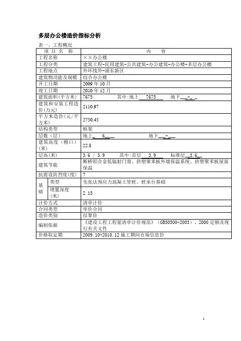 多层办公楼造价指标分析
