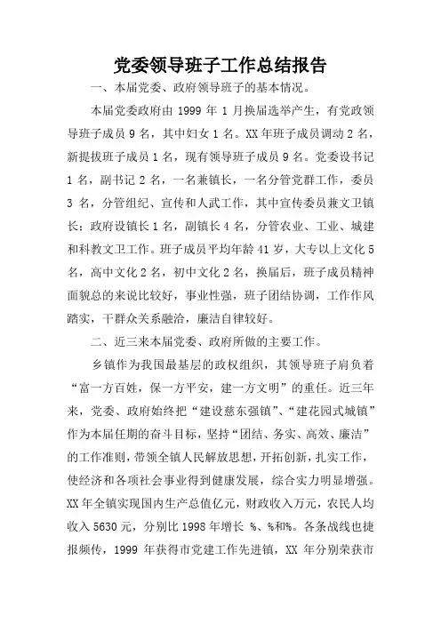 党委领导班子工作总结报告