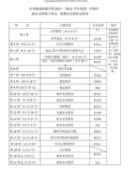 (完整word版)秋学期升旗仪式国旗下讲话安排表