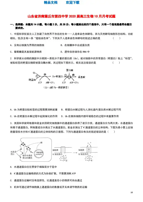 山东省济南章丘市第四中学2020届高三生物10月月考试题
