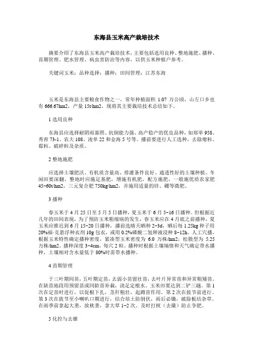 东海县玉米高产栽培技术