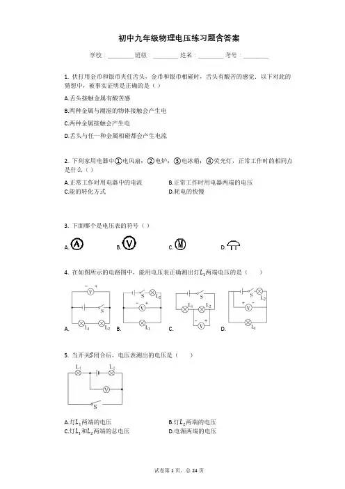 初中九年级物理电压练习题含答案