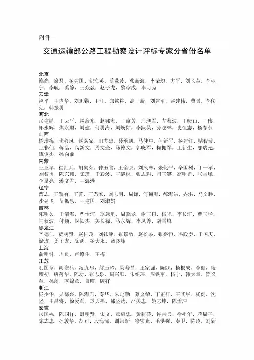 [精品WORD]交通运输部公路工程勘察设计评标专家分省份名单