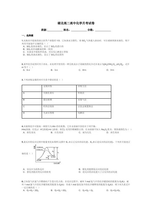 湖北高二高中化学月考试卷带答案解析

