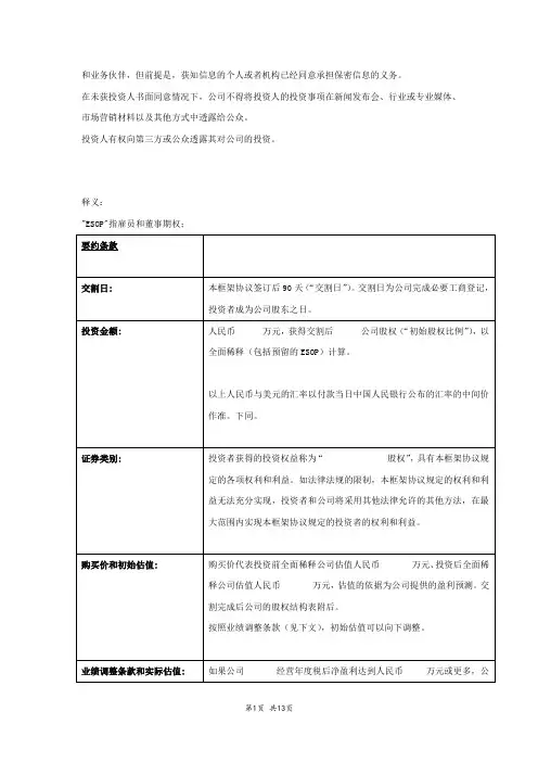 风险投资Termsheet投资条款清单2