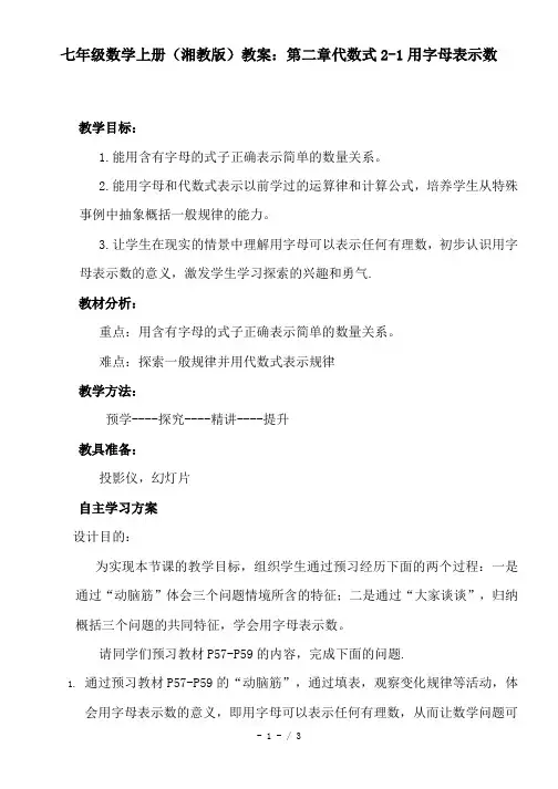 七年级数学上册(湘教版)教案：第二章代数式2-1用字母表示数