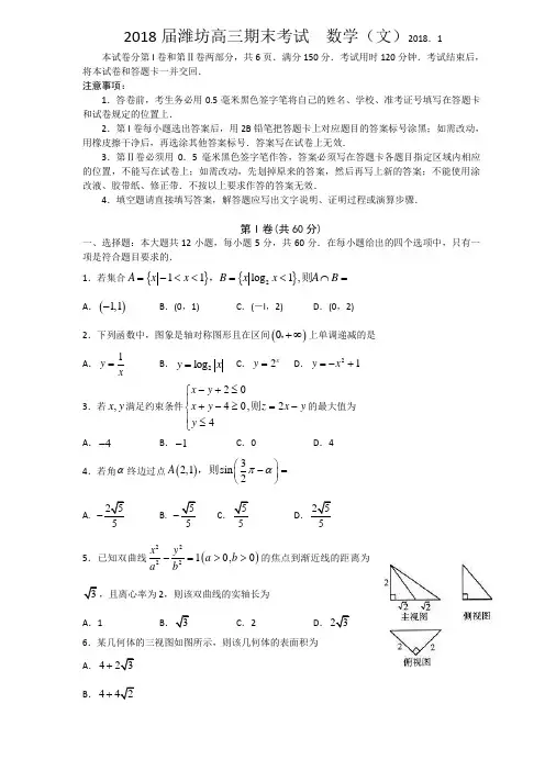 山东省潍坊市2018届高三期末考试试题(数学文)