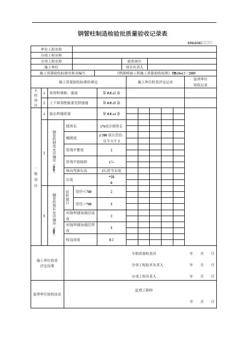 钢管柱制造检验批质量验收记录表