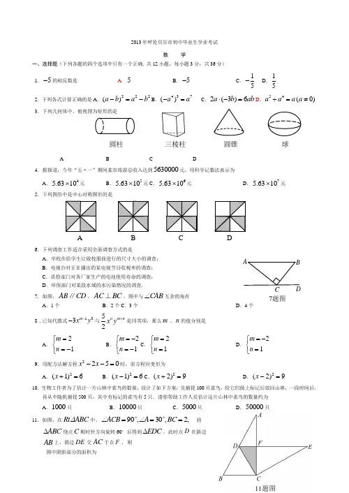 2013年呼伦贝尔市初中毕业生数学A卷