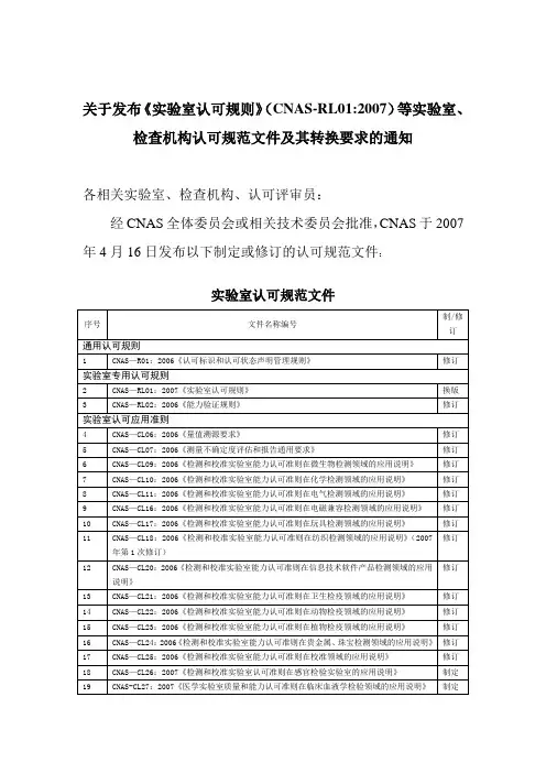于发布《实验室认可规则》(CNAS-RL01_2007)等实验室、检...