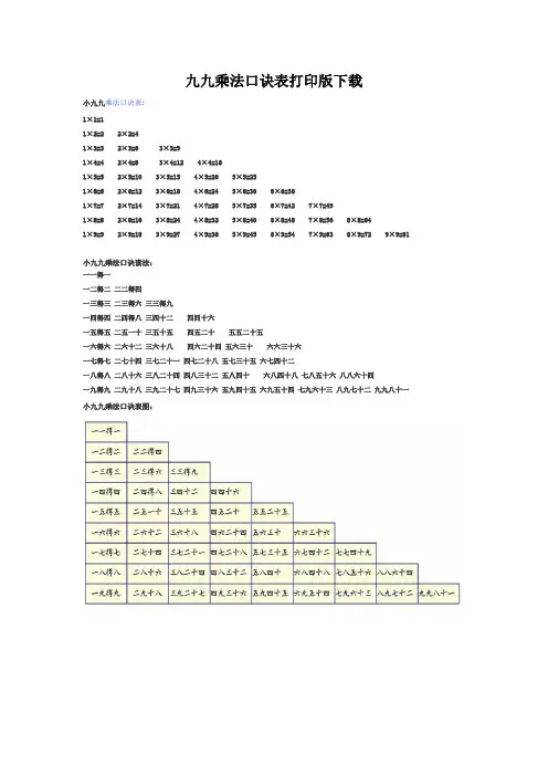 九九乘法口诀表打印版