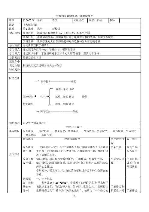 大雁归来优秀公开课教案教学设计